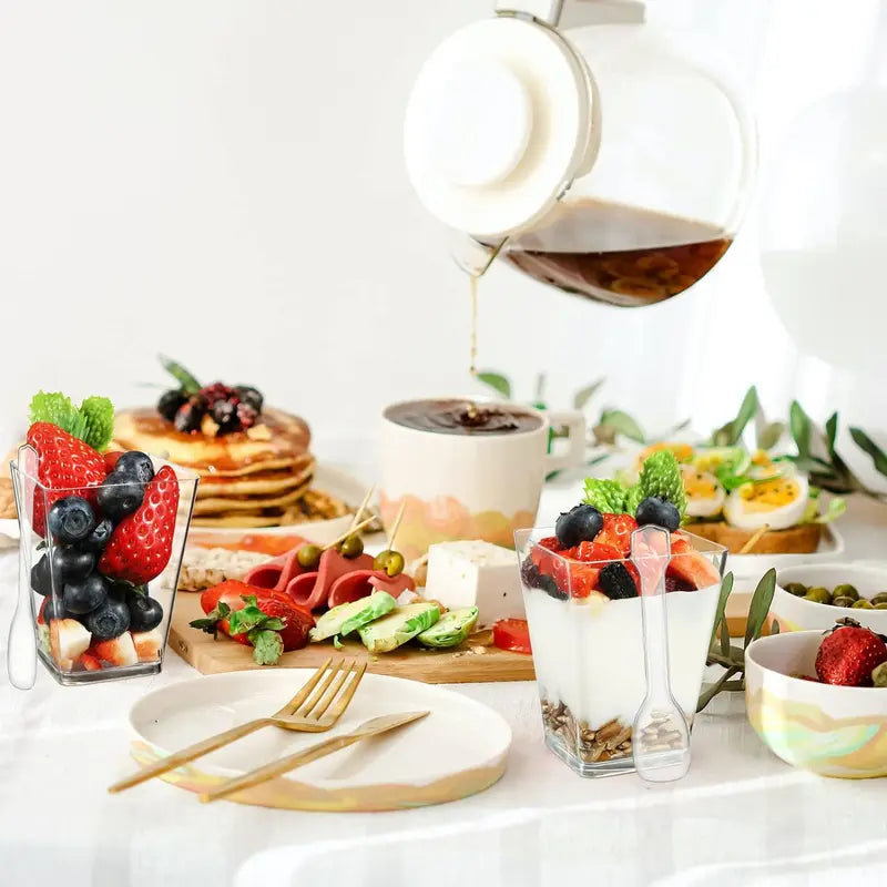 5oz Crystal Plastic Dessert Cups with Lids & Spoons - Disposable Square Parfait Cups for Mousse, Tiramisu, Pudding, Party