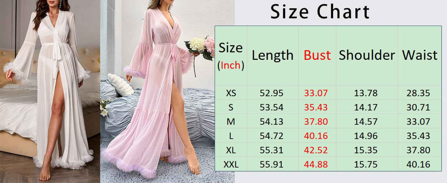 Women's Sheer Mesh Bridal Robe - Long Sleeve, V-Neck, Ruffled Trim, Belted Lady's Sleepwear with Party Style, Soft Fabric