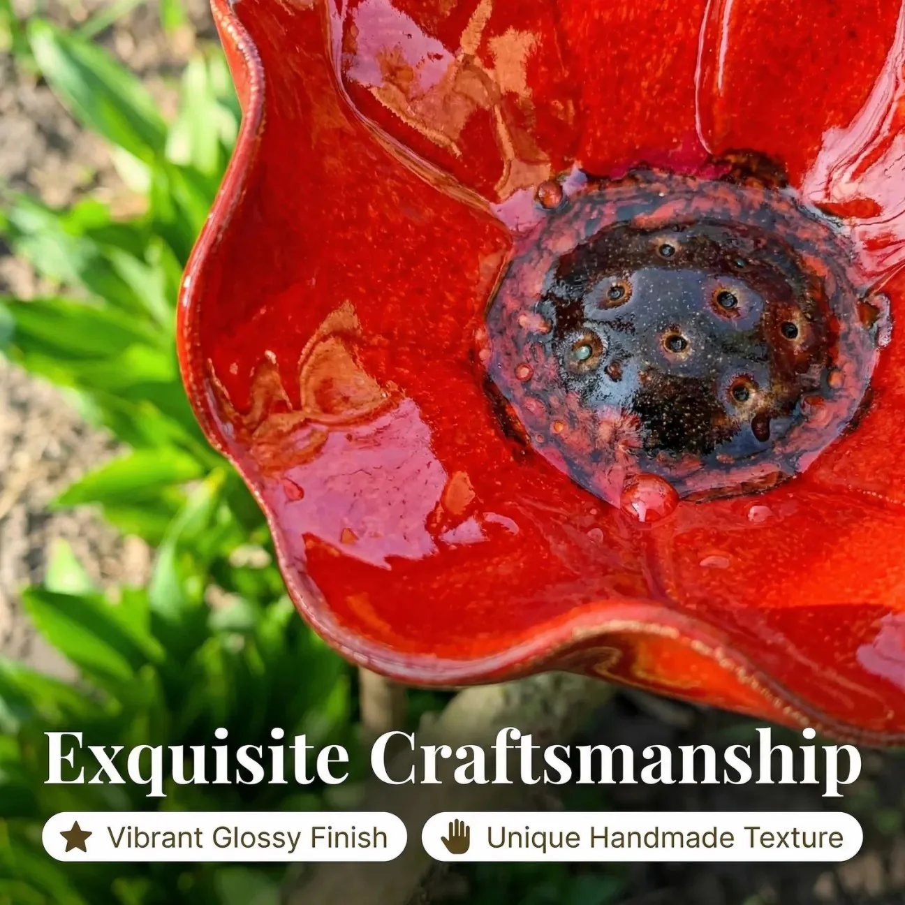 Briarcroft – Handcrafted Metal Poppy Garden Stake with Bird Bath Bowl + 50% OFF