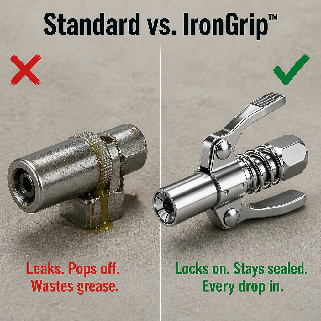 IronGrip™ — Lock On the Zerk and Pump Grease Hands-Free