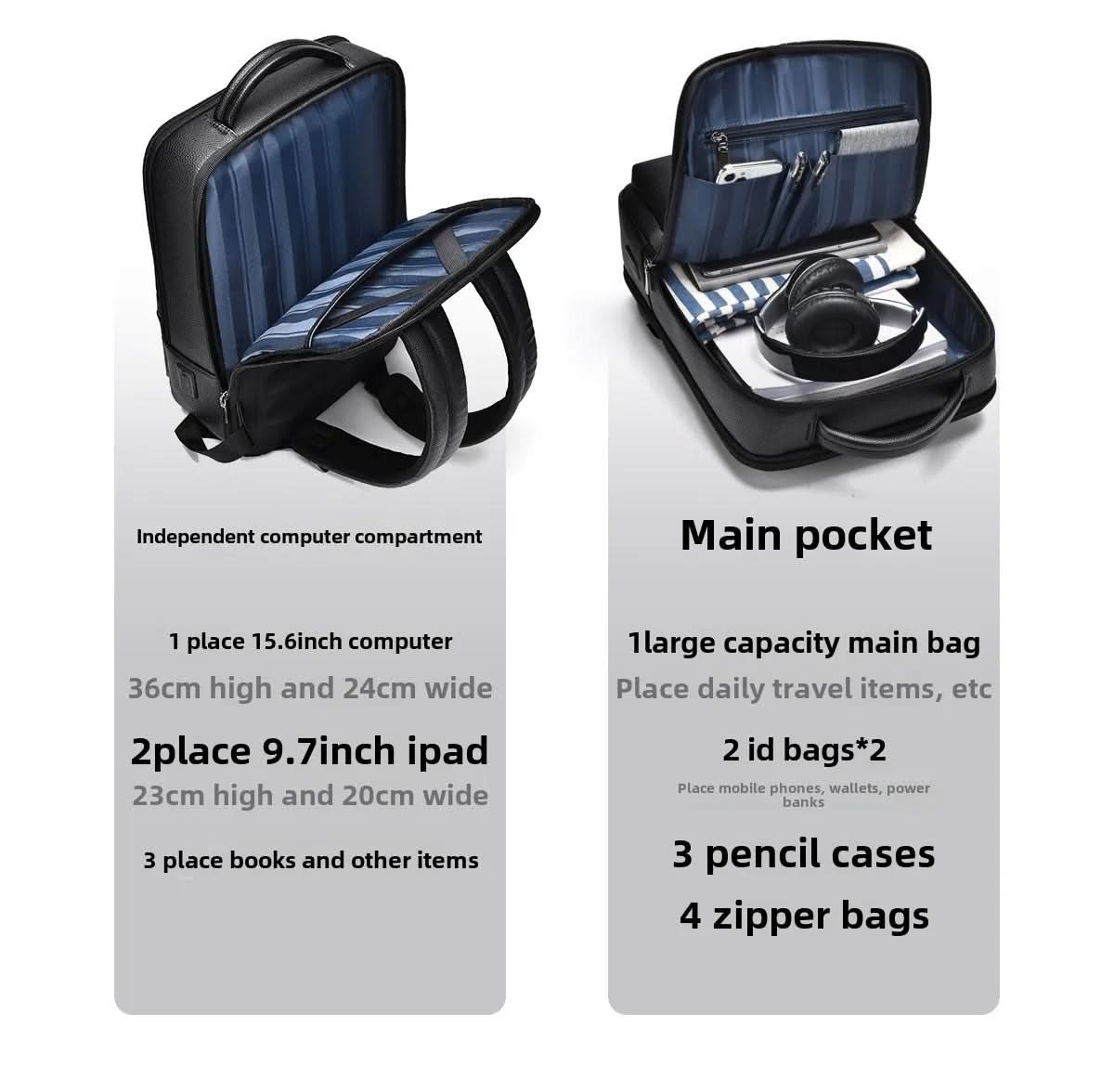 Black Leather Backpack with USB Charging Port for 15.6-Inch Laptop