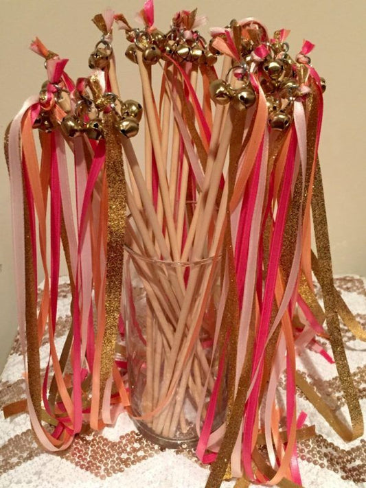 Glam Pink and Gold Wedding Ribbon Wands with Bells