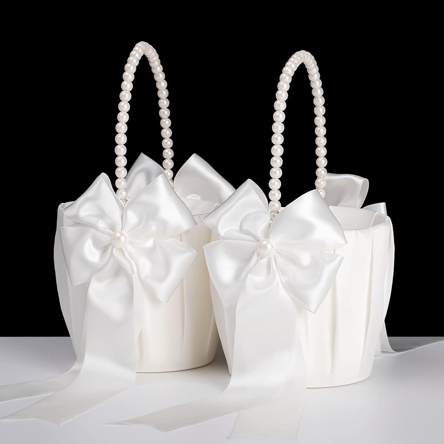 2-Piece Ivory Flower Girl Basket Set with Pearl Handle for Wedding