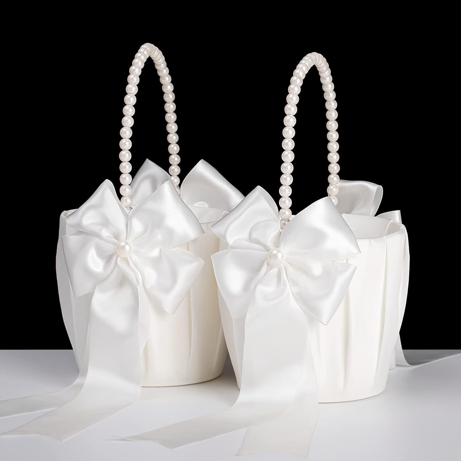 2-Piece Ivory Flower Girl Basket Set with Pearl Handle for Wedding