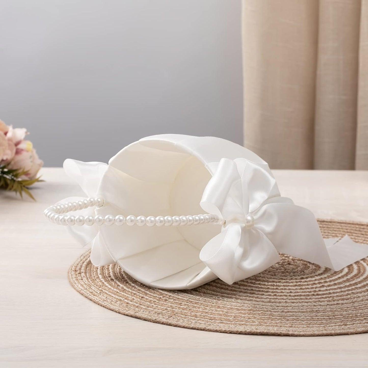 2-Piece Ivory Flower Girl Basket Set with Pearl Handle for Wedding