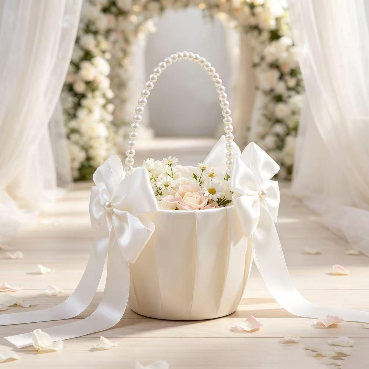 2-Piece Ivory Flower Girl Basket Set with Pearl Handle for Wedding