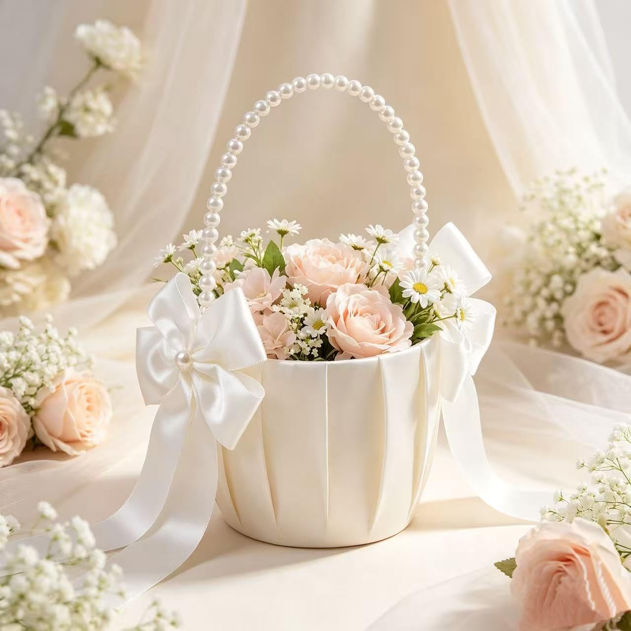 2-Piece Ivory Flower Girl Basket Set with Pearl Handle for Wedding