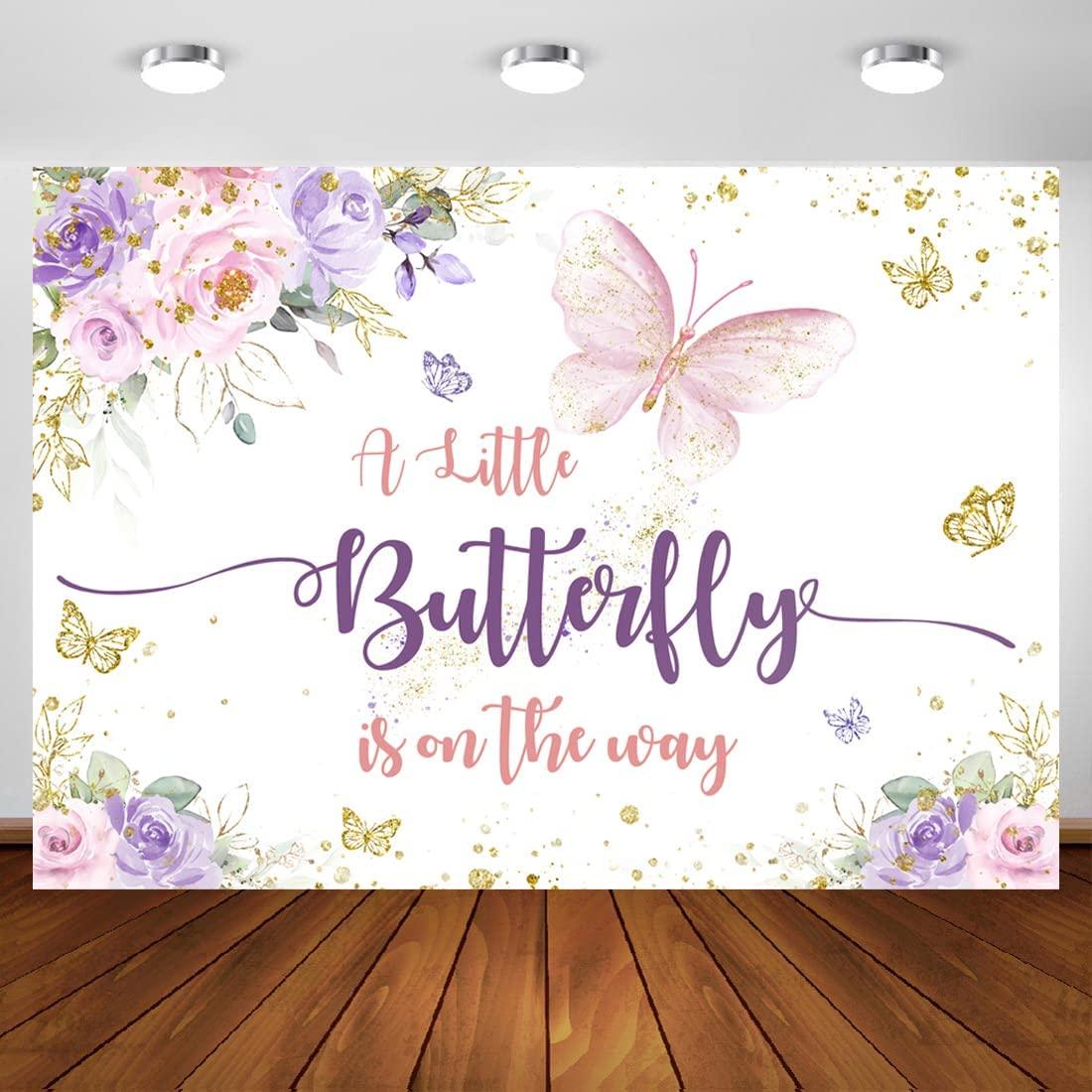 Butterfly Baby Shower Backdrop Purple and Pink Floral Gold Spots Flowers Photography Background - If you say i do