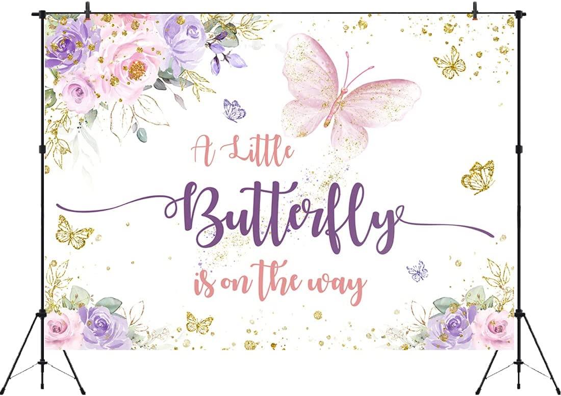 Butterfly Baby Shower Backdrop Purple and Pink Floral Gold Spots Flowers Photography Background - If you say i do