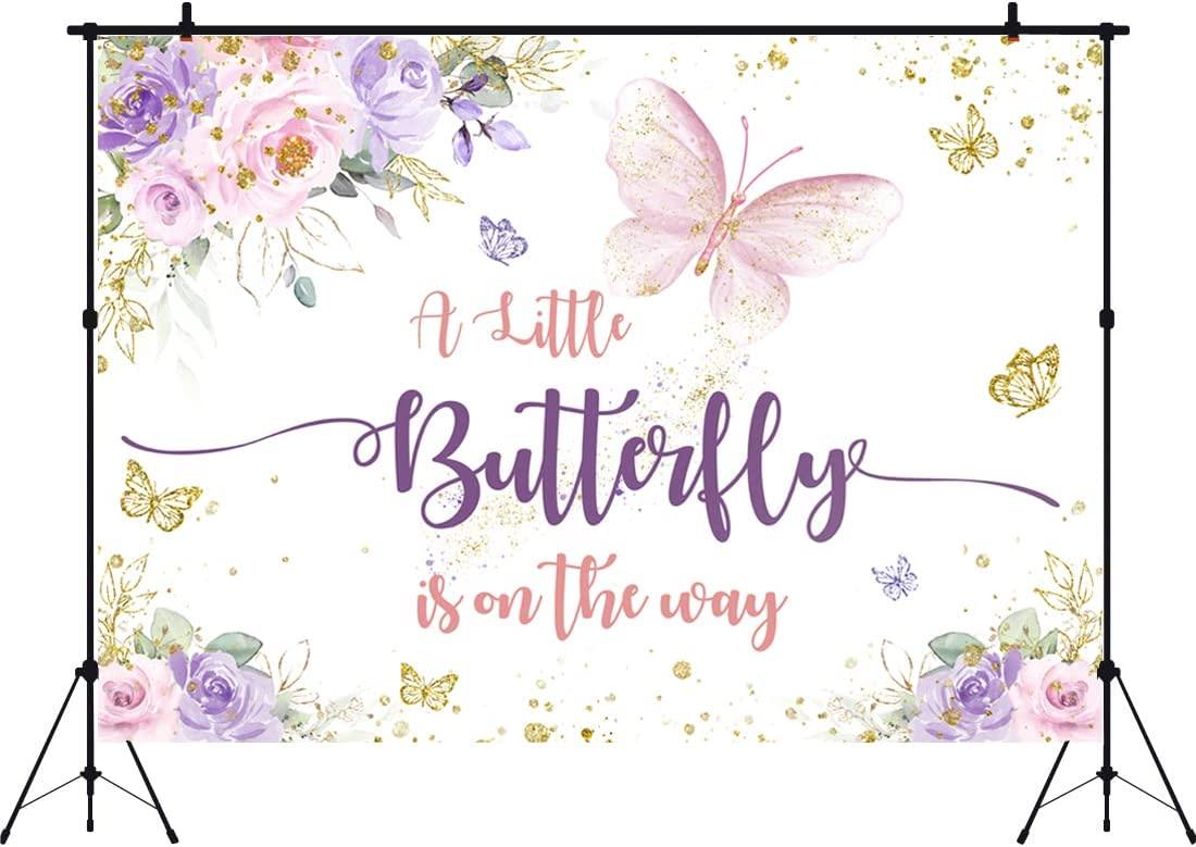 Butterfly Baby Shower Backdrop Purple and Pink Floral Gold Spots Flowers Photography Background - If you say i do