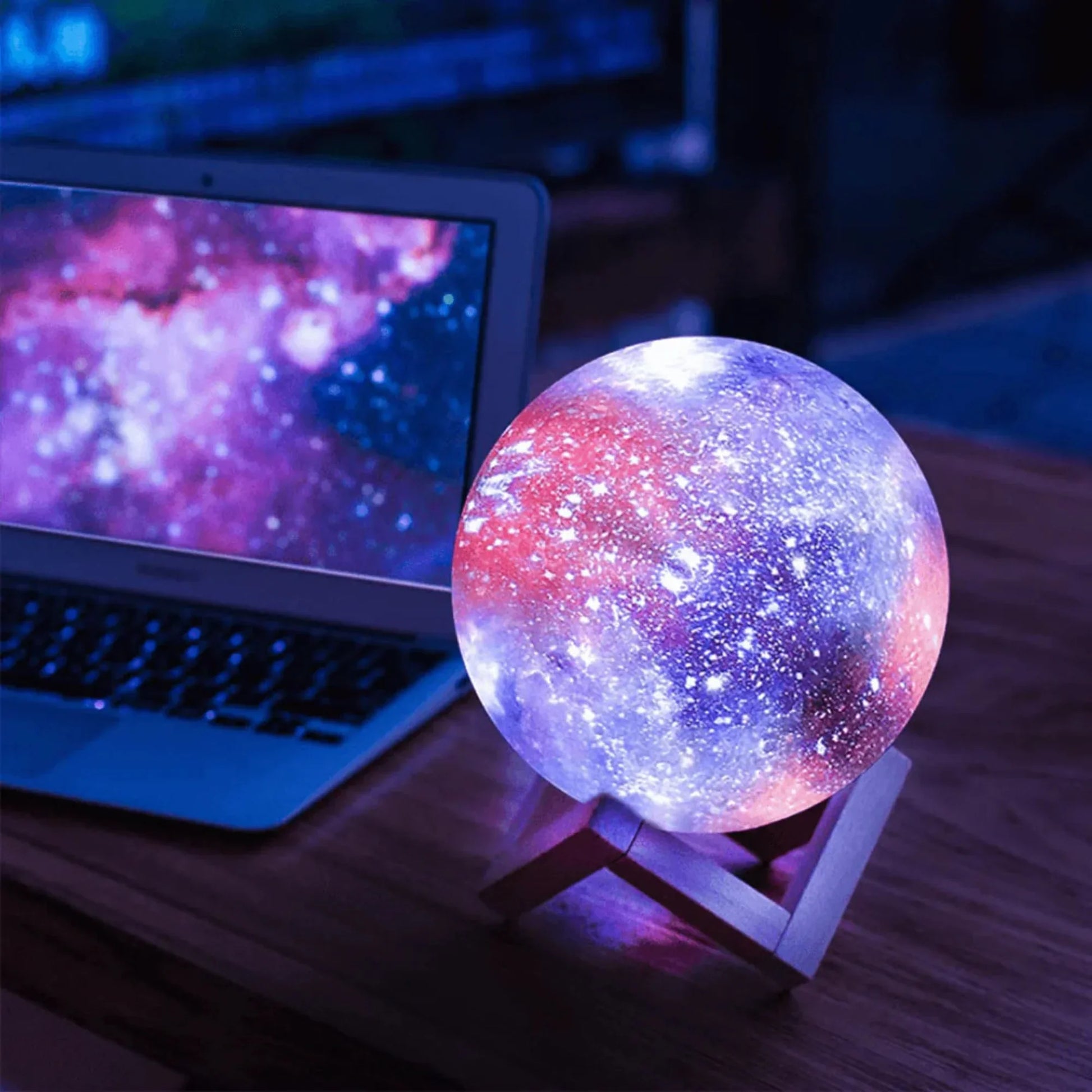 BRECK + FOX 3D Printed Galaxy Moon Lamp with Wooden Stand