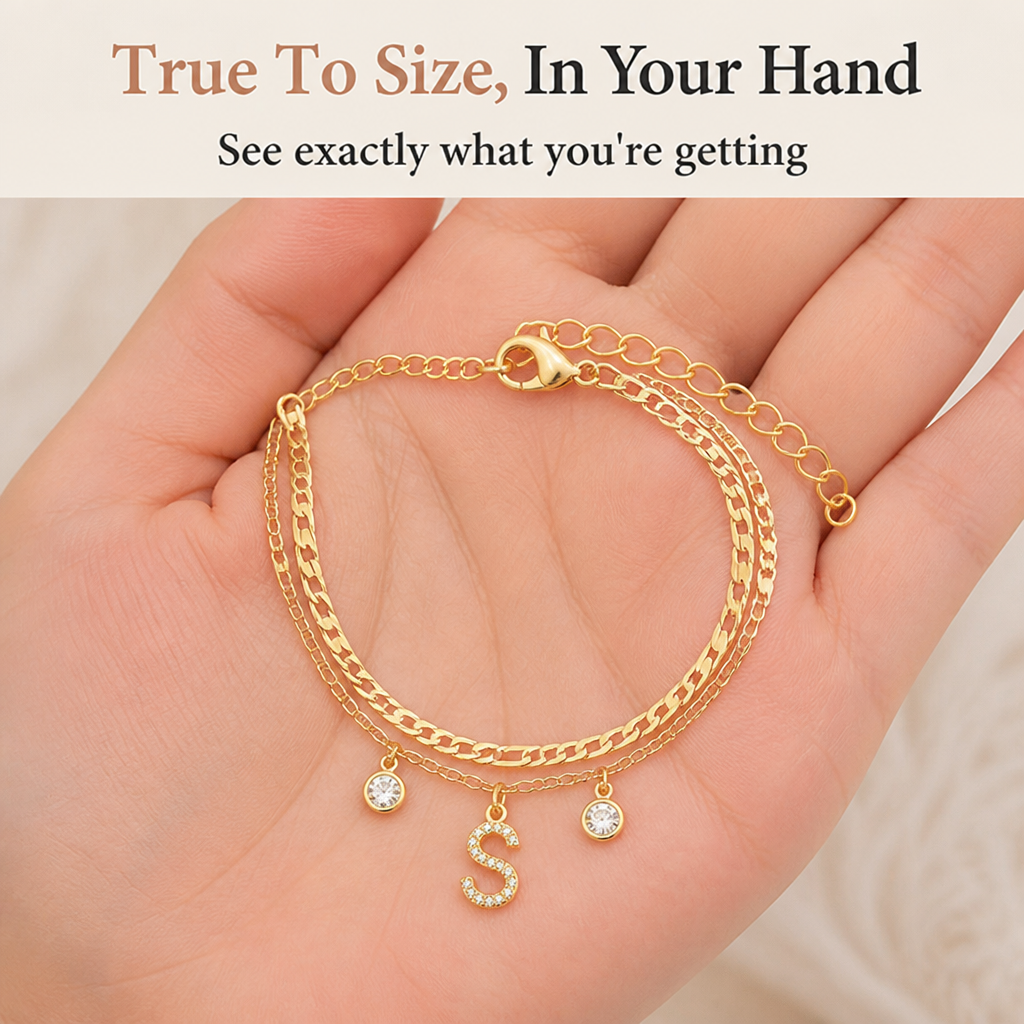 LumaLuxe – Layered Gold Initial Anklet with Rhinestone Letter Charm