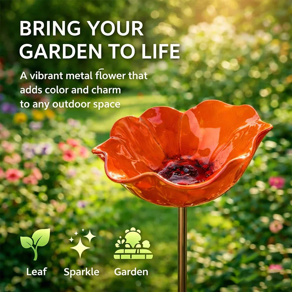 Briarcroft – Handcrafted Metal Poppy Garden Stake with Bird Bath Bowl + 50% OFF
