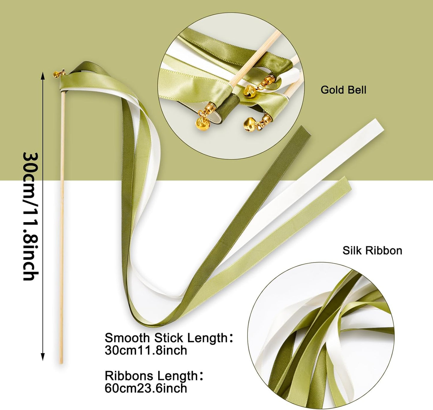 Wedding Ribbon Sticks with Bells White Sage Green Streamers