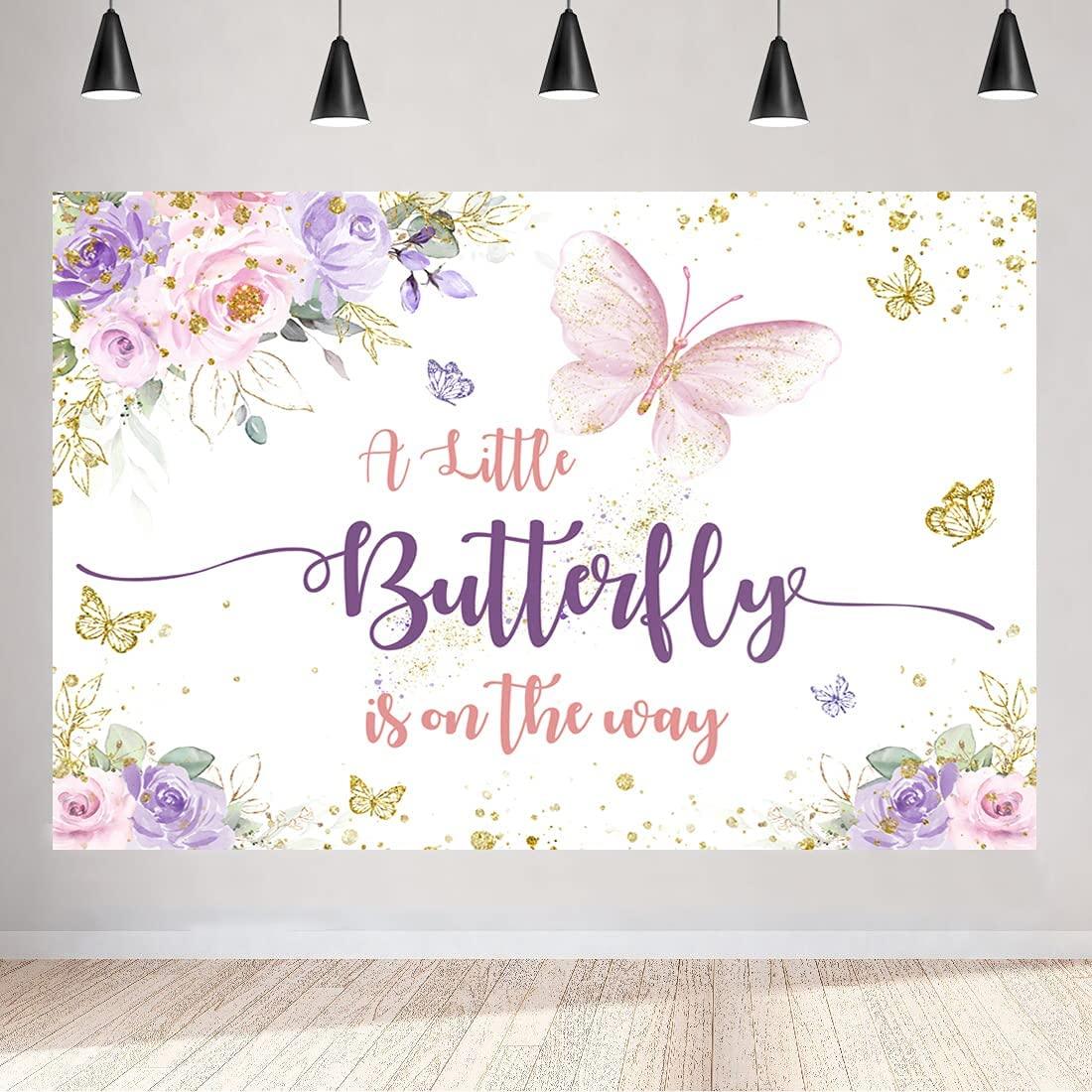 Butterfly Baby Shower Backdrop Purple and Pink Floral Gold Spots Flowers Photography Background - If you say i do