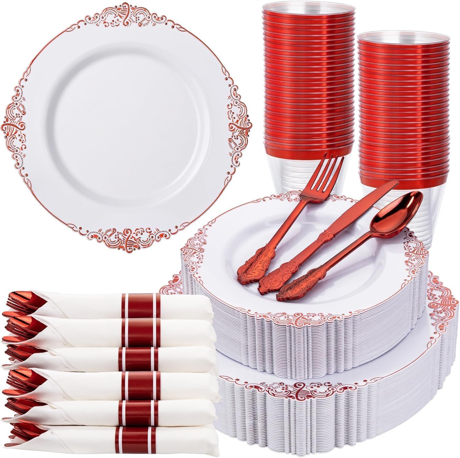 Nervure 350Pcs Gold Plastic Plates, Disposable Dinnerware Set for 50 Guests | 100 White Disposable Plates, 50 Pre Rolled Silverware Set, 50 10oz Cups, Perfect for Wedding, Party, Back to School, BPA-free