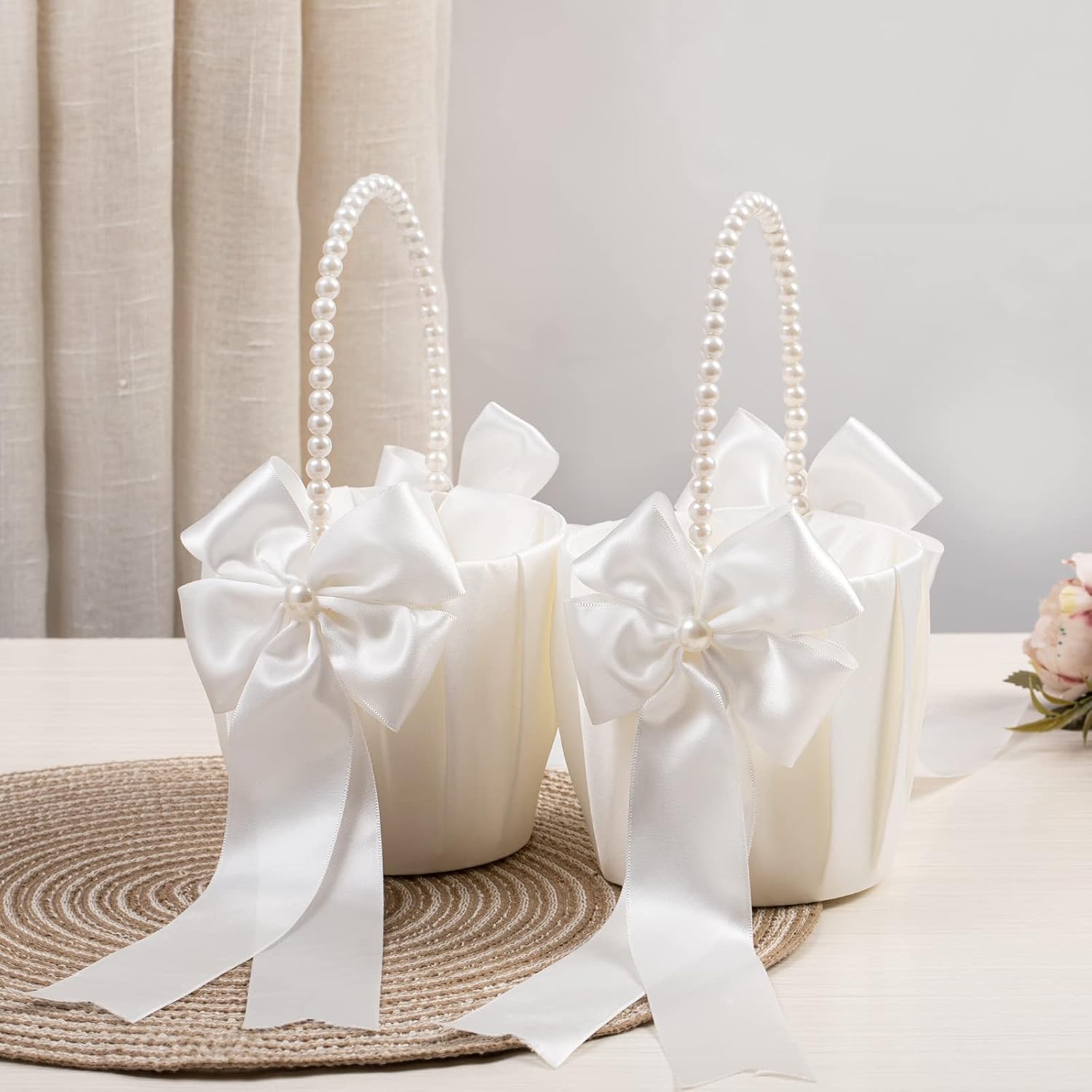 2-Piece Ivory Flower Girl Basket Set with Pearl Handle for Wedding