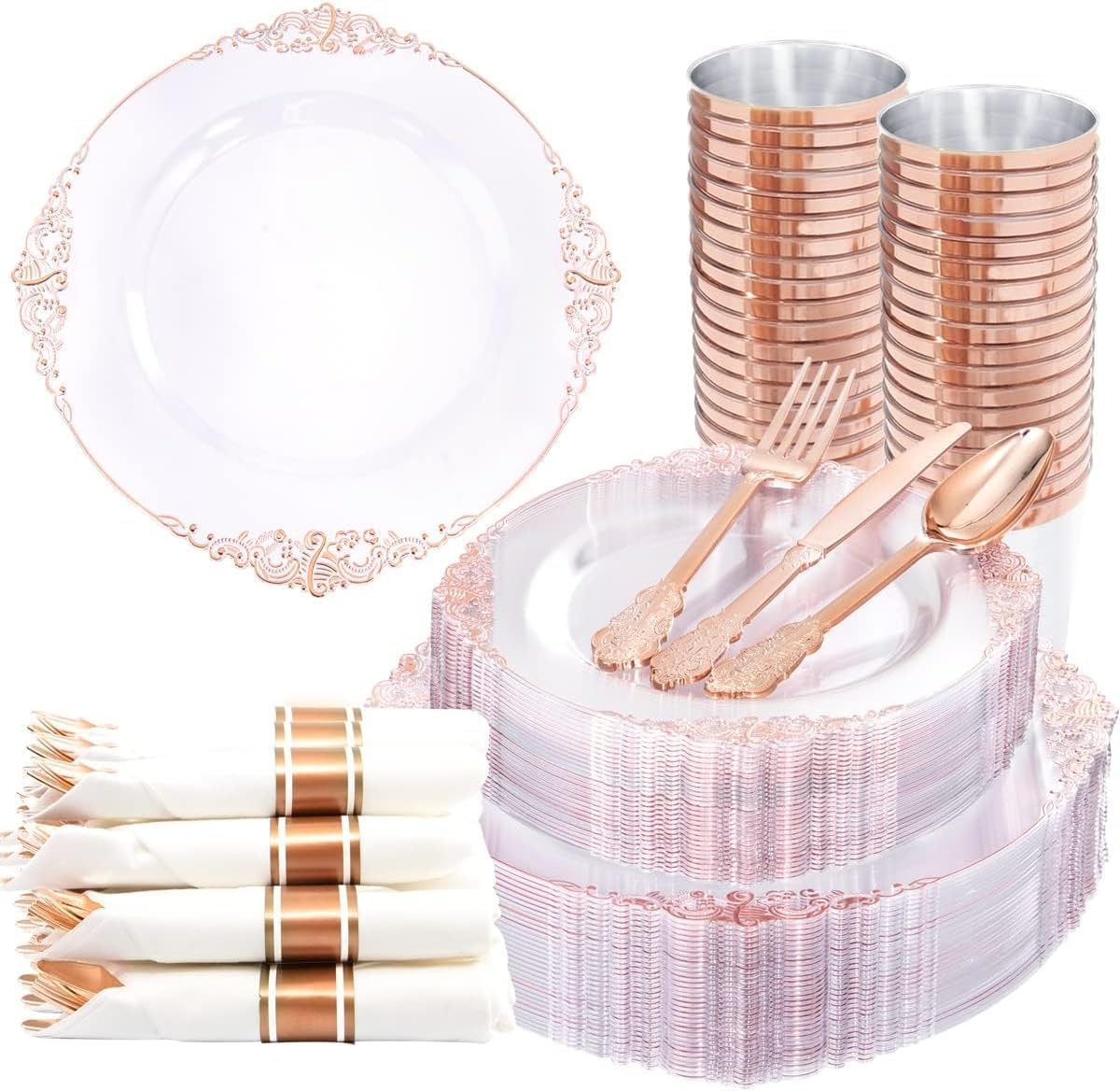 Nervure 350Pcs Gold Plastic Plates, Disposable Dinnerware Set for 50 Guests | 100 White Disposable Plates, 50 Pre Rolled Silverware Set, 50 10oz Cups, Perfect for Wedding, Party, Back to School, BPA-free