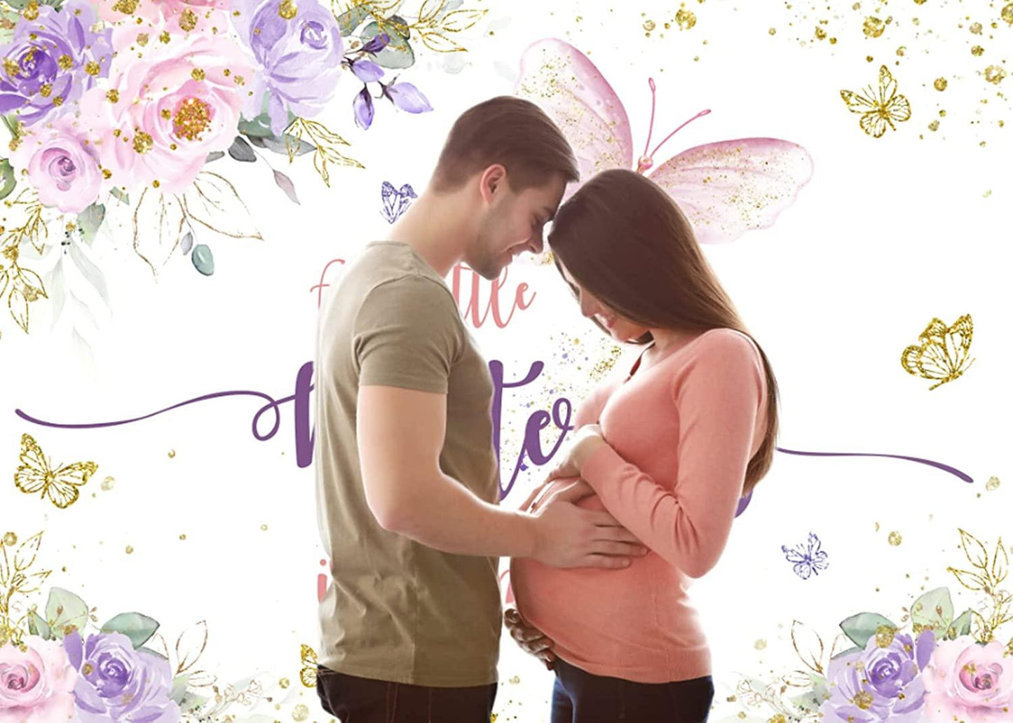 Butterfly Baby Shower Backdrop Purple and Pink Floral Gold Spots Flowers Photography Background - If you say i do