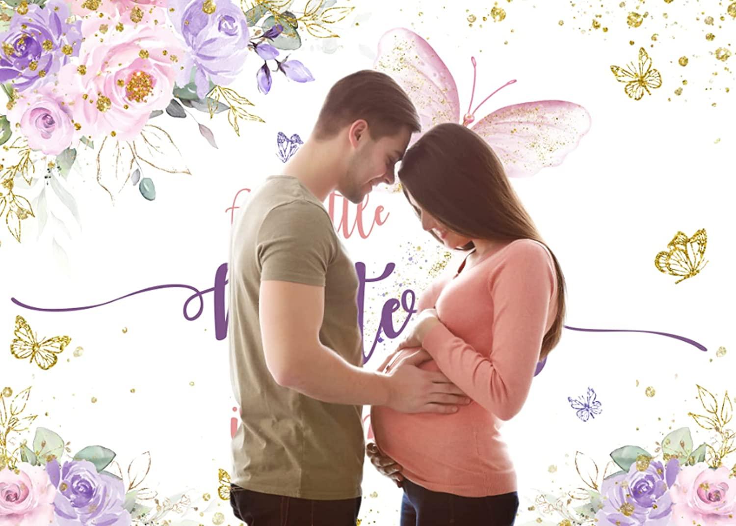 Butterfly Baby Shower Backdrop Purple and Pink Floral Gold Spots Flowers Photography Background - If you say i do