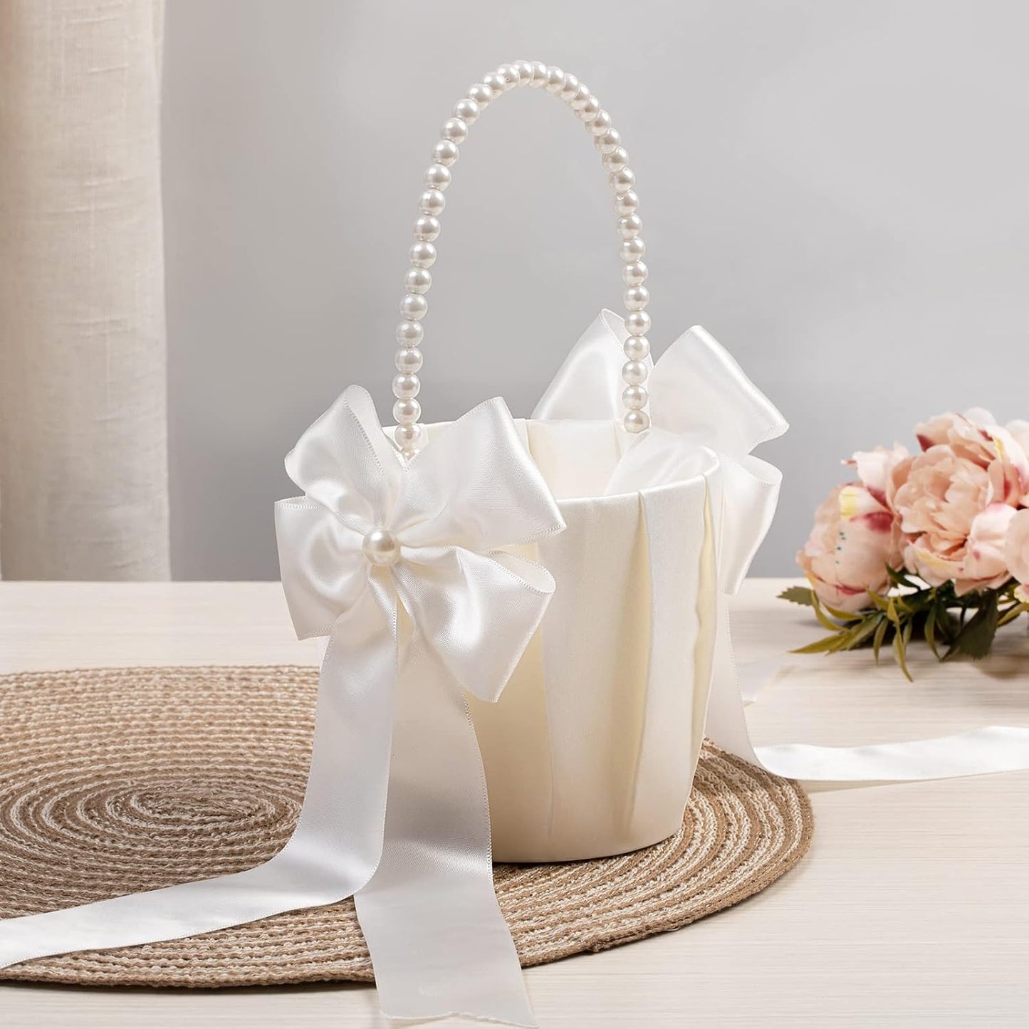 2-Piece Ivory Flower Girl Basket Set with Pearl Handle for Wedding