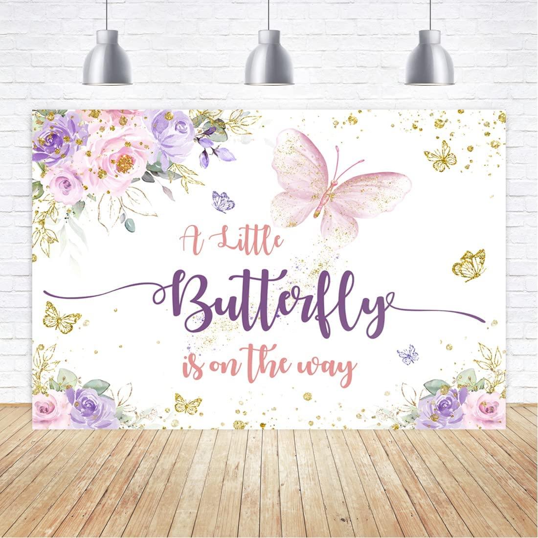 Butterfly Baby Shower Backdrop Purple and Pink Floral Gold Spots Flowers Photography Background - If you say i do