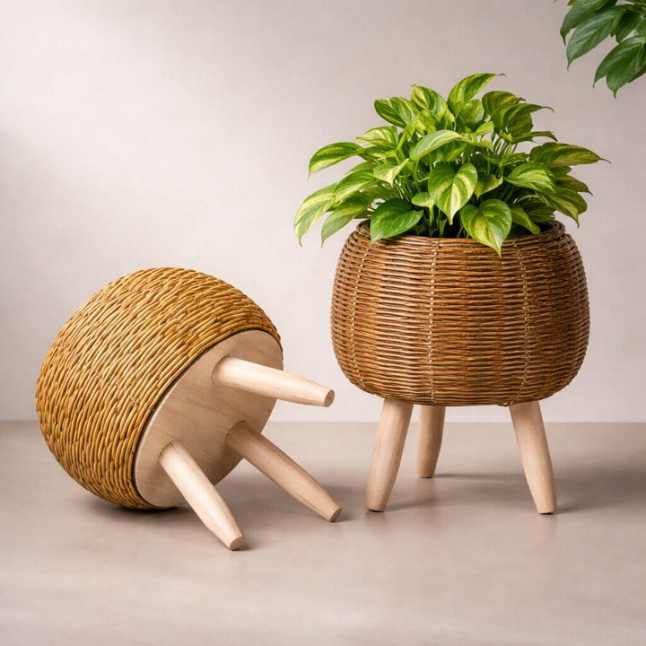 Flower Planter with Wooden Stand | Woven Basket Texture | Suitable for Indoor and Outdoor | Plantara
