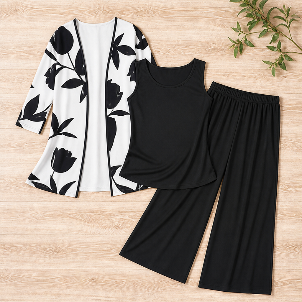 AuraLuxe™ – Elegant Floral Cardigan & Wide-Leg Pant 3-Piece Set