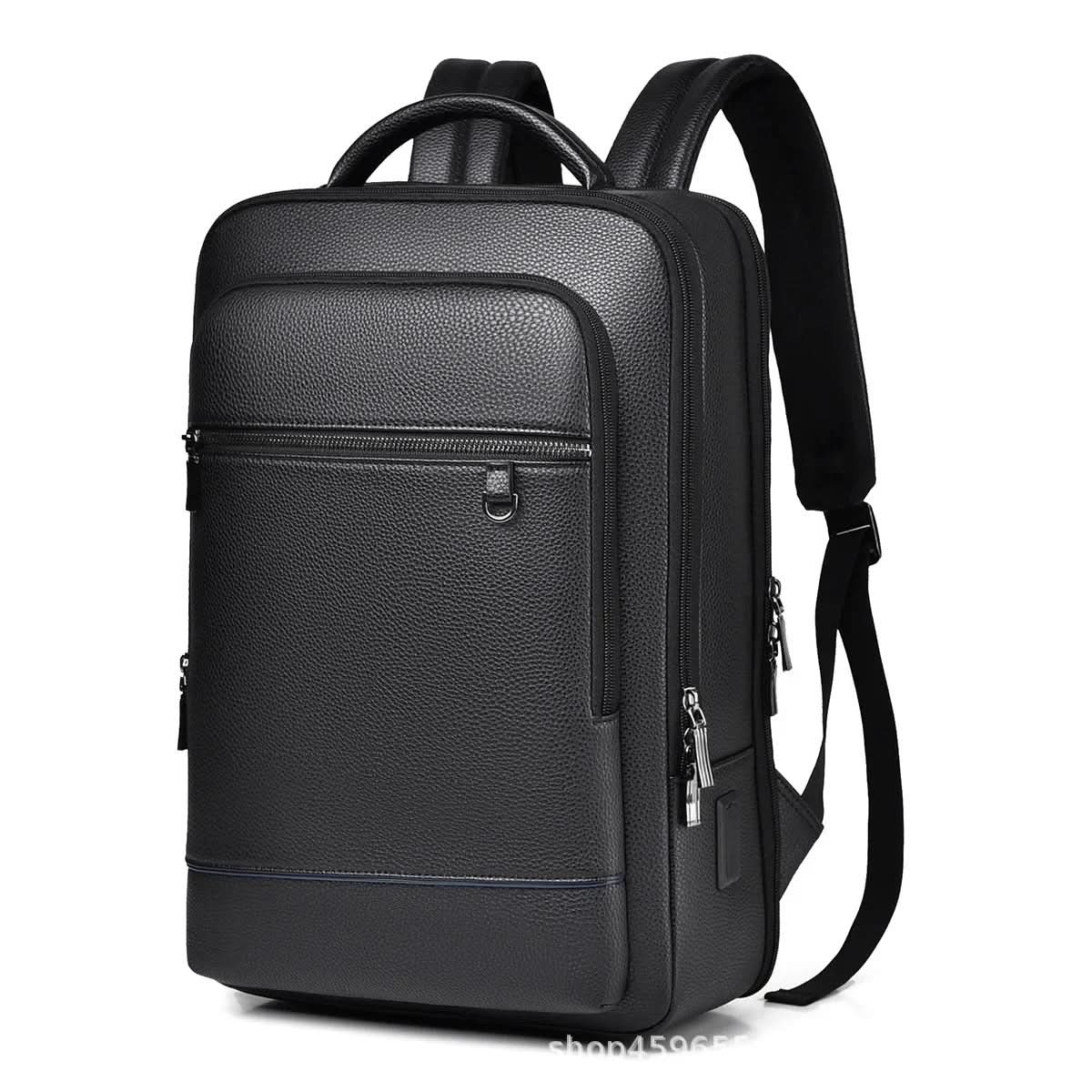 Black Leather Backpack with USB Charging Port for 15.6-Inch Laptop