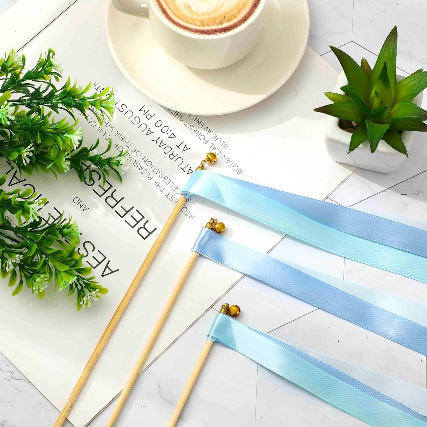Wedding Ribbon Sticks with Bells Dusty Blue Streamers