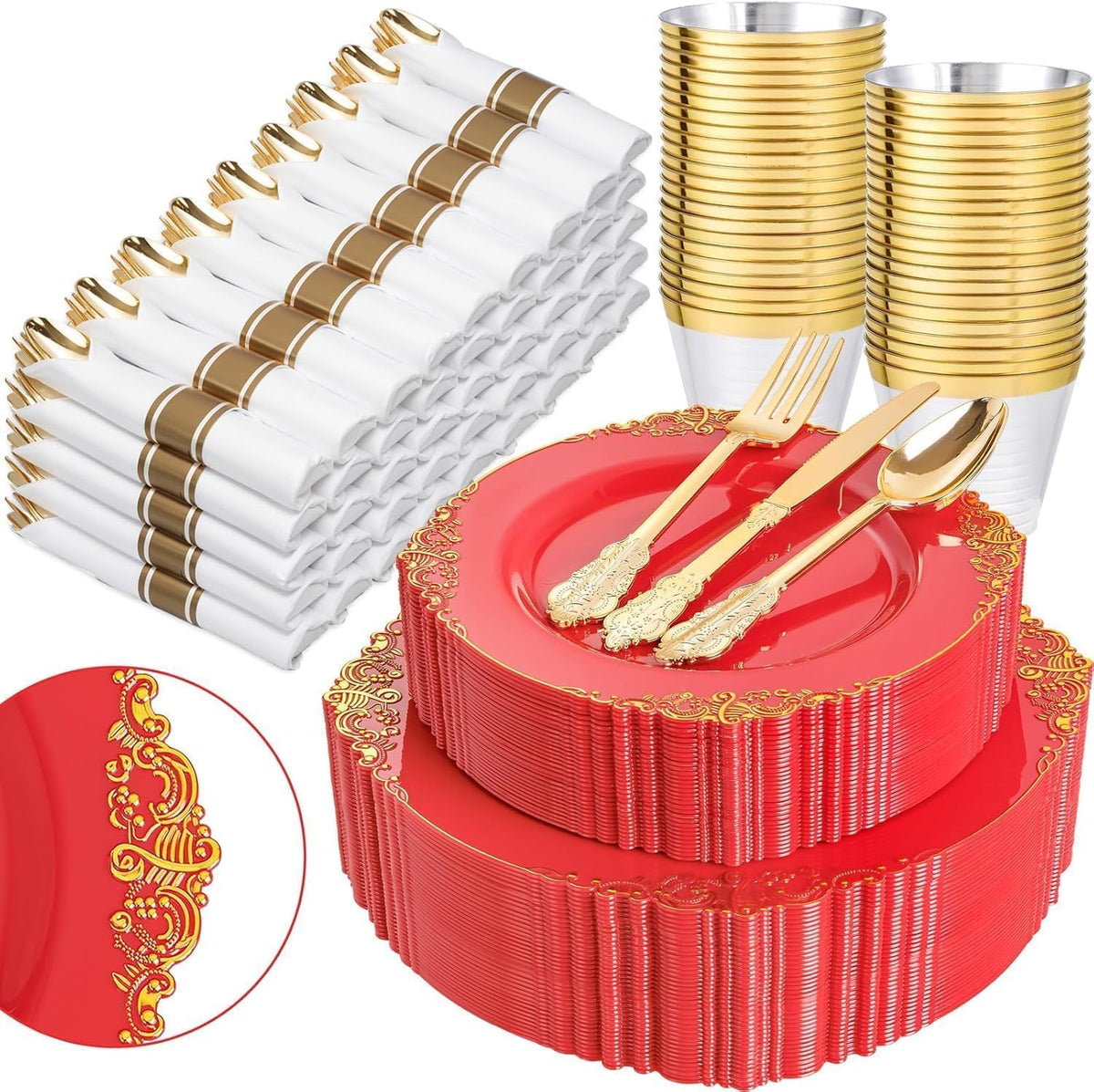 Nervure 350Pcs Gold Plastic Plates, Disposable Dinnerware Set for 50 Guests | 100 White Disposable Plates, 50 Pre Rolled Silverware Set, 50 10oz Cups, Perfect for Wedding, Party, Back to School, BPA-free