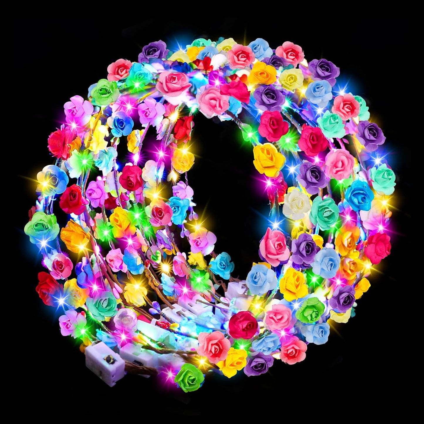 Valentines Day Gifts, 54 PCS New Year LED Flower Crowns Headbands, Light Up Flower Crowns For Women, Glow in the Dark Headband for Wedding Reception Mardi Gras Cosplay Princess Party Favors