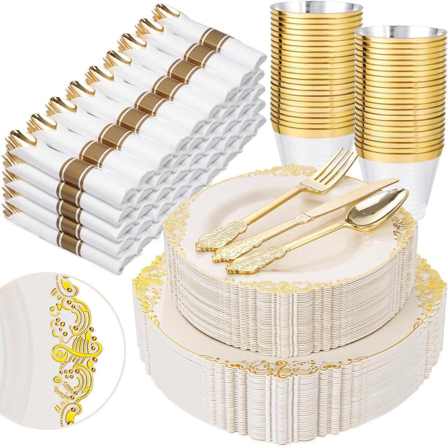 Nervure 350Pcs Gold Plastic Plates, Disposable Dinnerware Set for 50 Guests | 100 White Disposable Plates, 50 Pre Rolled Silverware Set, 50 10oz Cups, Perfect for Wedding, Party, Back to School, BPA-free