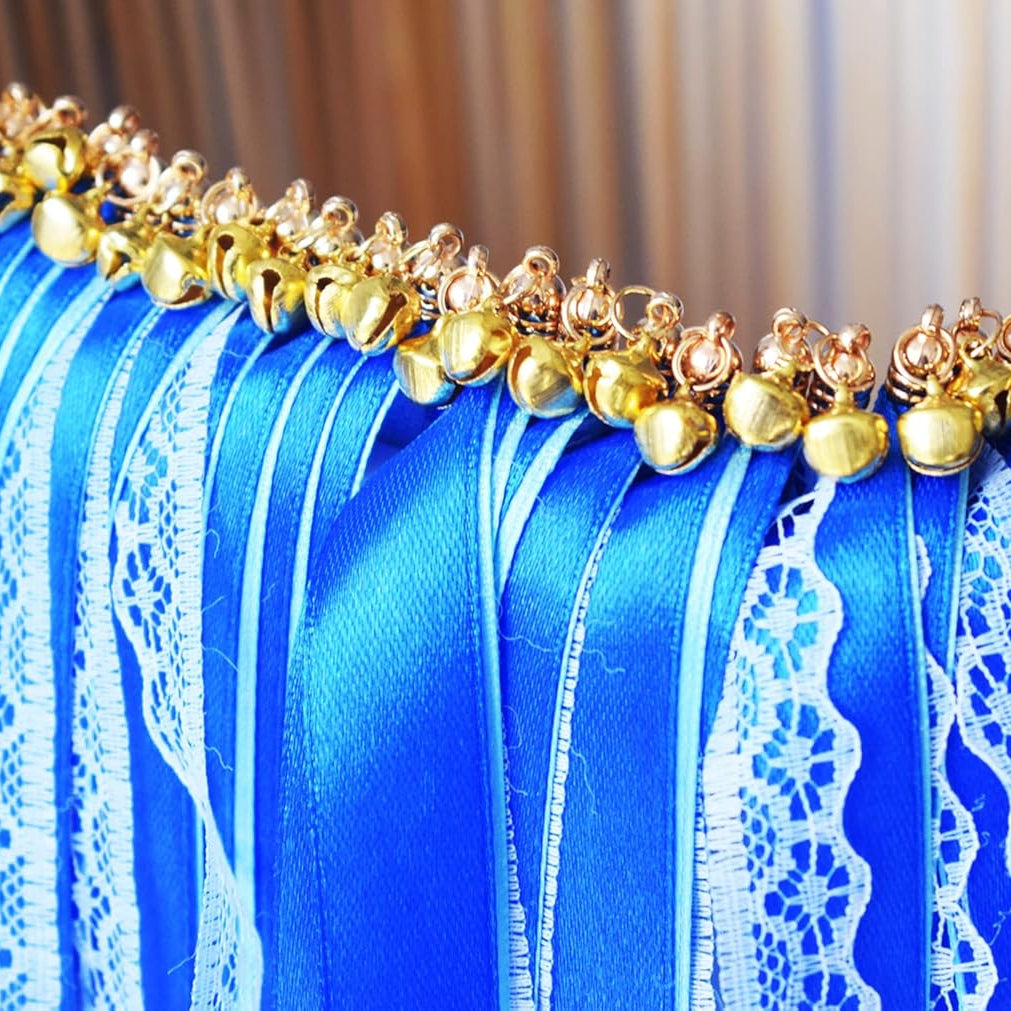 Royal Blue and Aqua Lace Wedding Ribbon Wands with Gold Bells