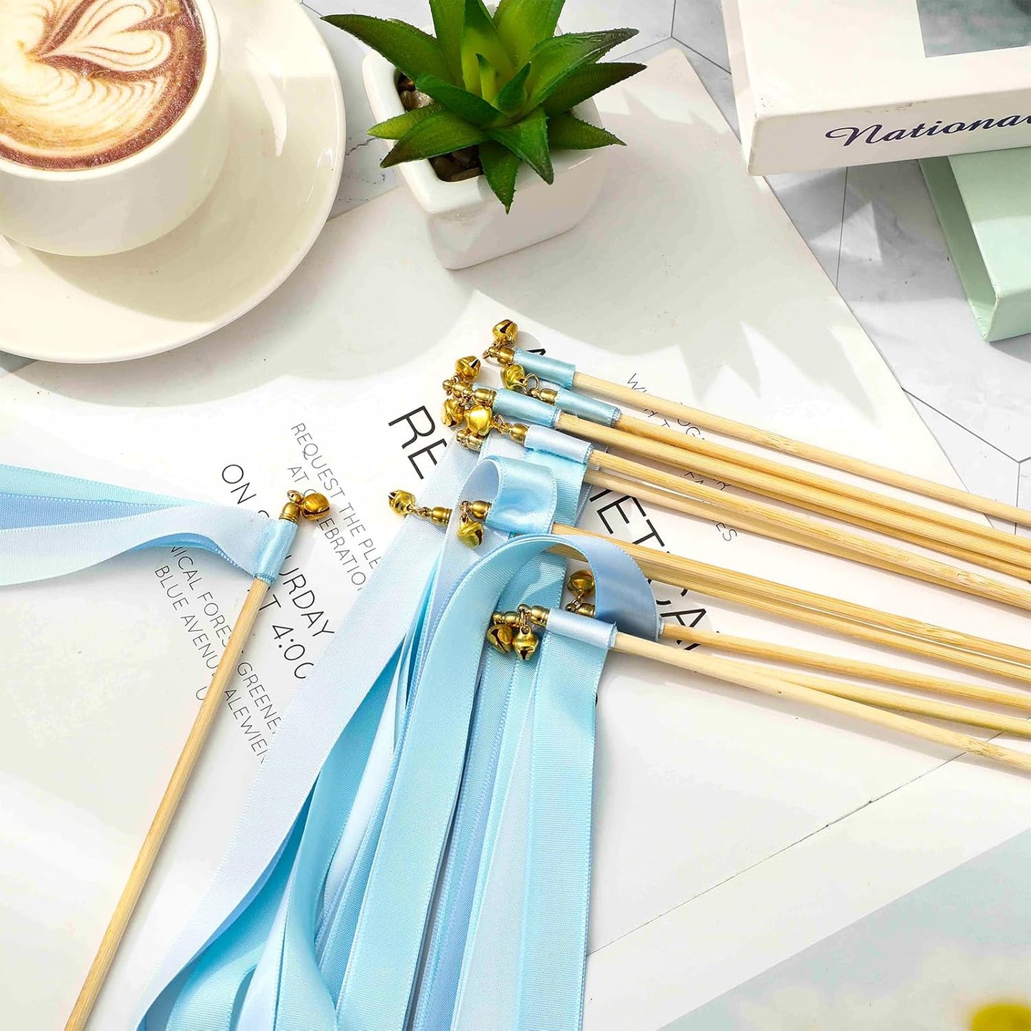Wedding Ribbon Sticks with Bells Dusty Blue Streamers