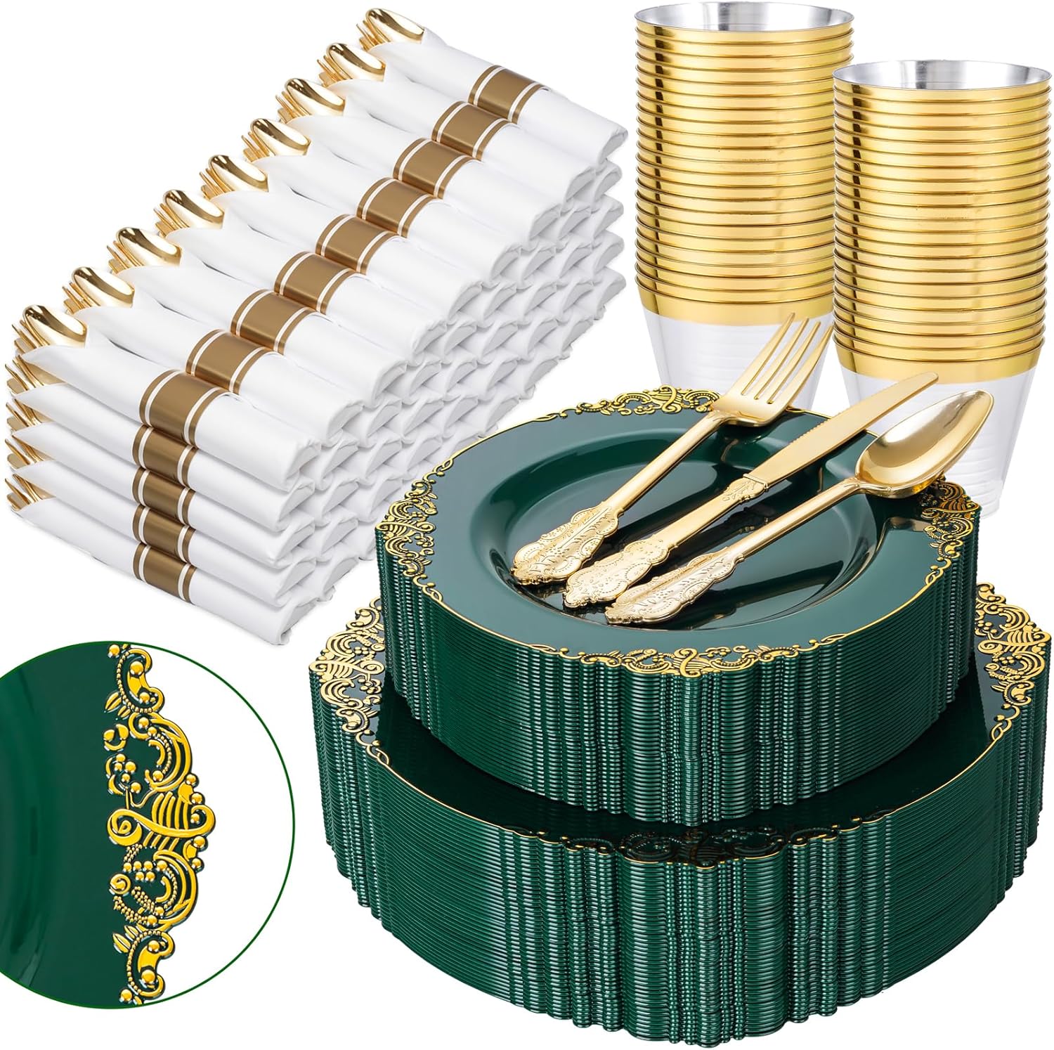 Nervure 350Pcs Gold Plastic Plates, Disposable Dinnerware Set for 50 Guests | 100 White Disposable Plates, 50 Pre Rolled Silverware Set, 50 10oz Cups, Perfect for Wedding, Party, Back to School, BPA-free