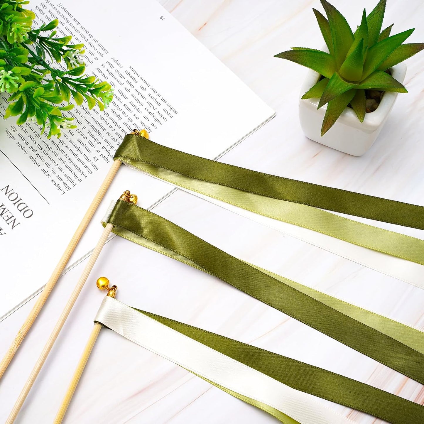 Wedding Ribbon Sticks with Bells White Sage Green Streamers