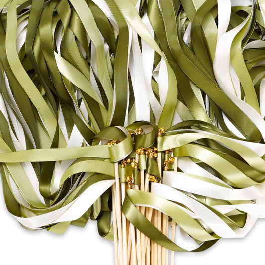 Wedding Ribbon Sticks with Bells White Sage Green Streamers