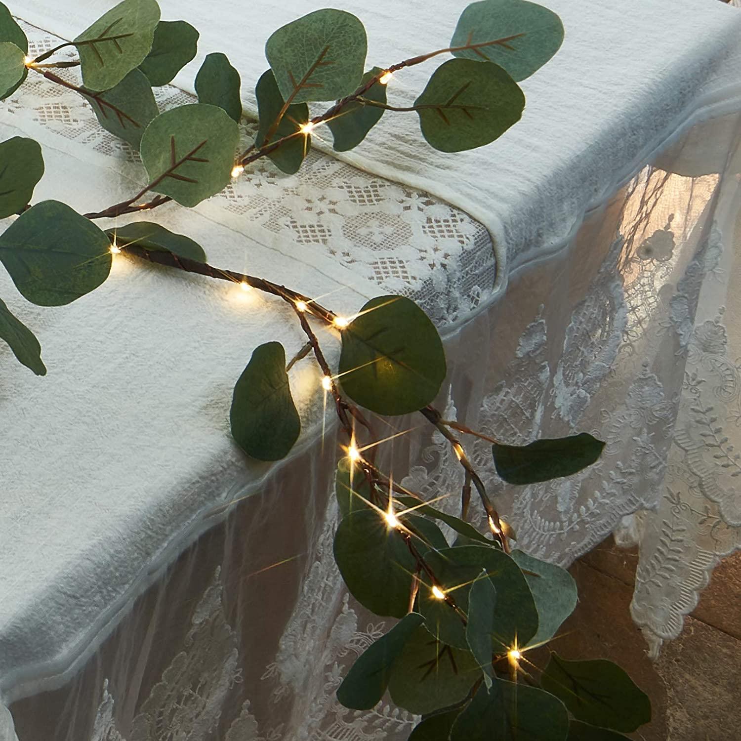 1 Pack Lighted Artificial Eucalyptus Garland 6FT 96 LED Battery Operated Faux Vine Lights with Timer for Wedding Backdrop - Lasercutwraps Shop