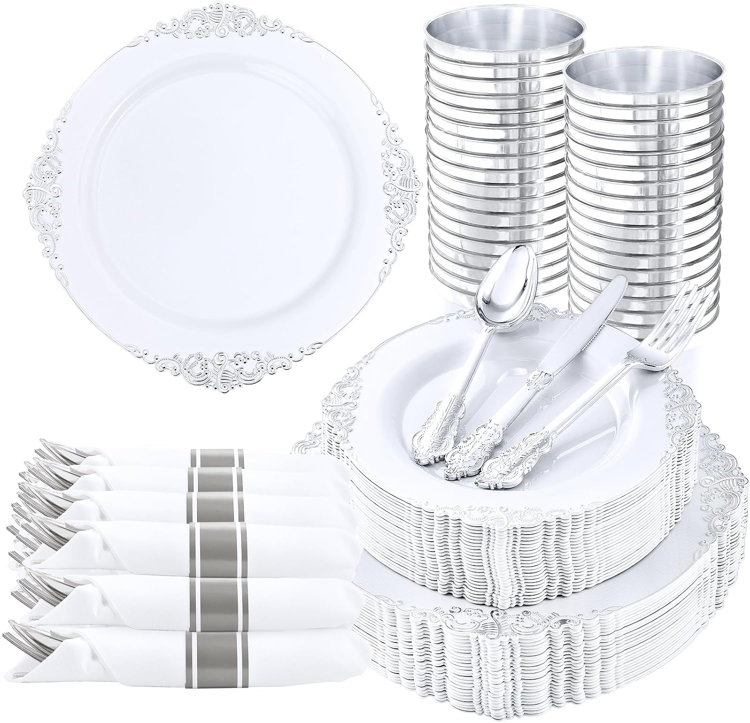 Nervure 350Pcs Gold Plastic Plates, Disposable Dinnerware Set for 50 Guests | 100 White Disposable Plates, 50 Pre Rolled Silverware Set, 50 10oz Cups, Perfect for Wedding, Party, Back to School, BPA-free