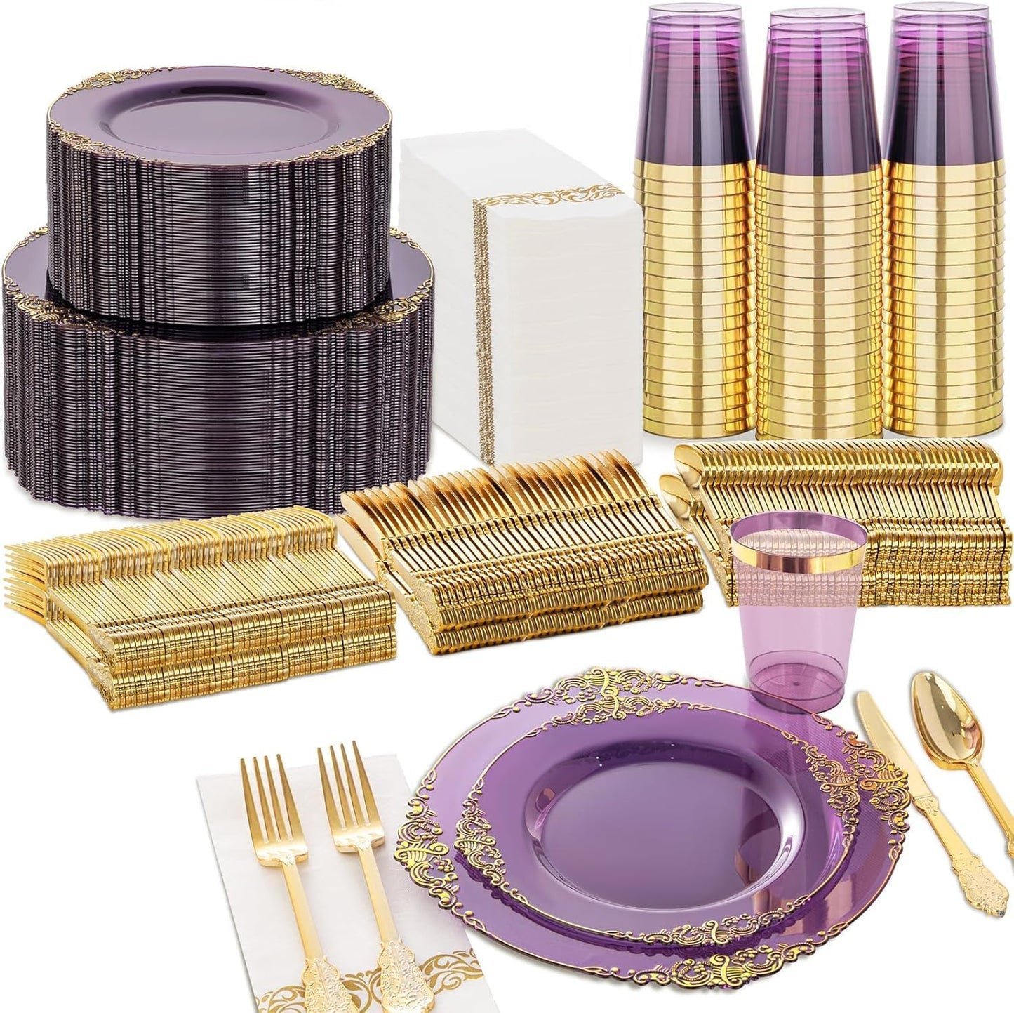 Nervure 350Pcs Gold Plastic Plates, Disposable Dinnerware Set for 50 Guests | 100 White Disposable Plates, 50 Pre Rolled Silverware Set, 50 10oz Cups, Perfect for Wedding, Party, Back to School, BPA-free
