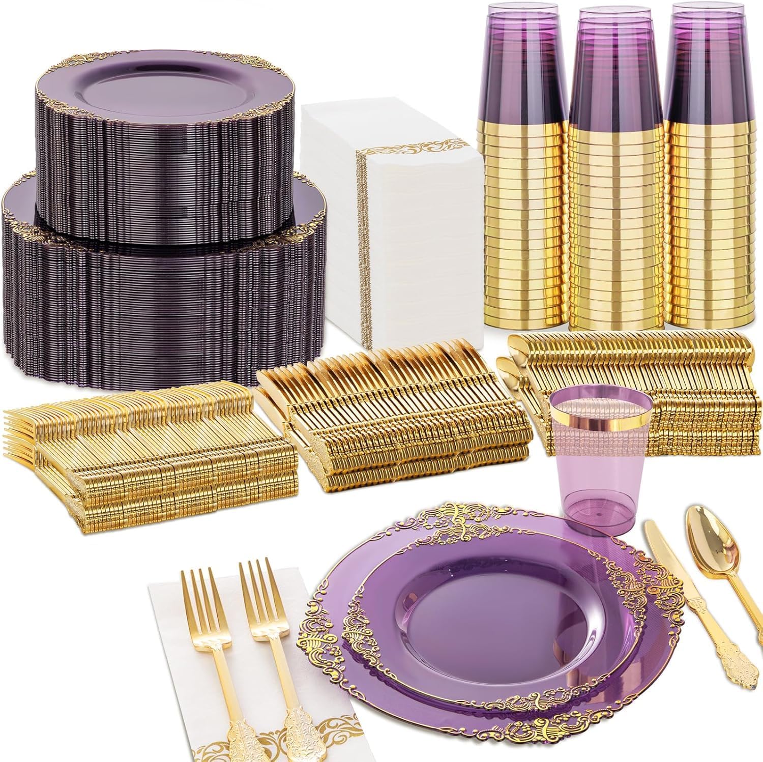 Nervure 350Pcs Gold Plastic Plates, Disposable Dinnerware Set for 50 Guests | 100 White Disposable Plates, 50 Pre Rolled Silverware Set, 50 10oz Cups, Perfect for Wedding, Party, Back to School, BPA-free