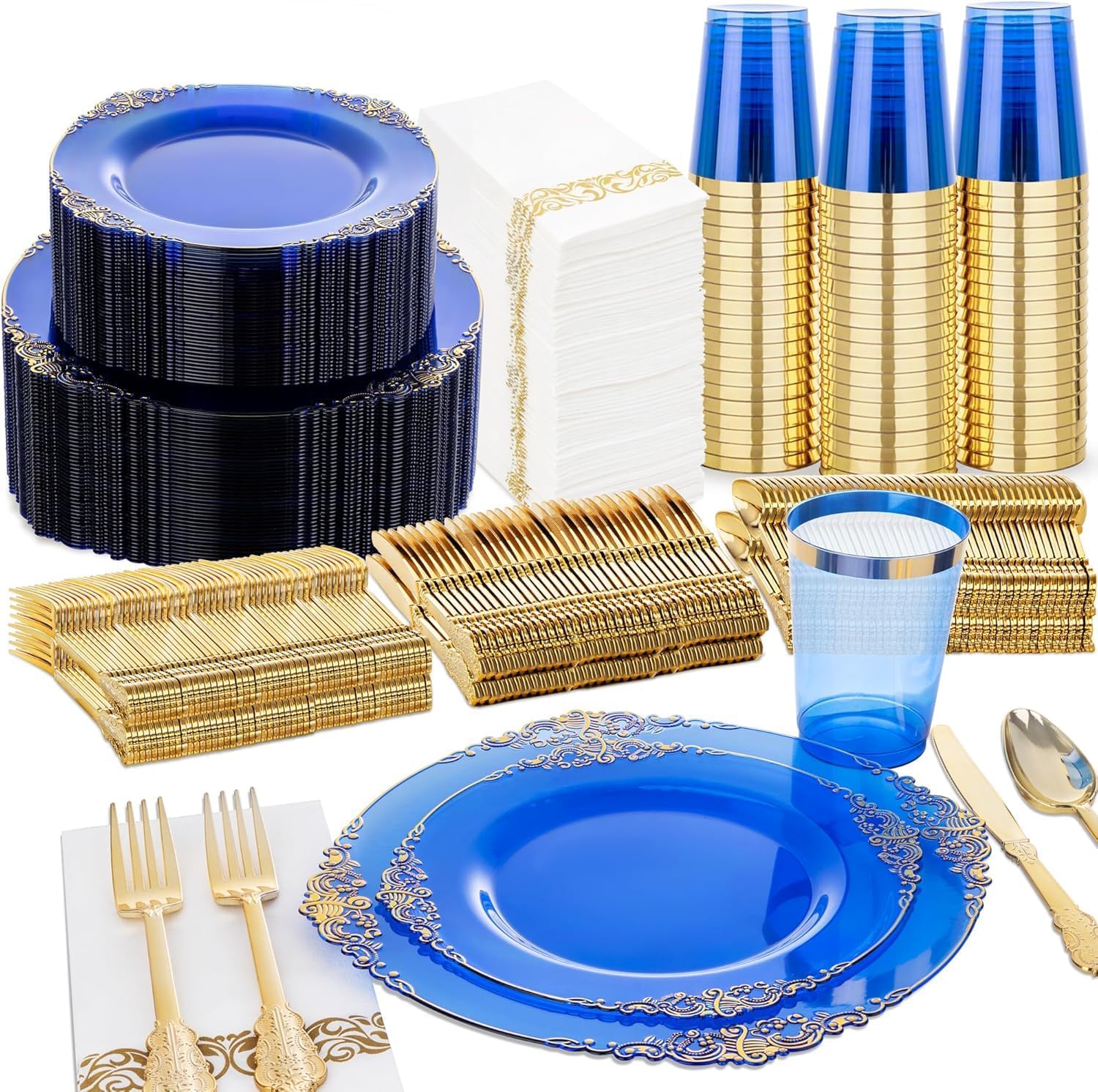 Nervure 350Pcs Gold Plastic Plates, Disposable Dinnerware Set for 50 Guests | 100 White Disposable Plates, 50 Pre Rolled Silverware Set, 50 10oz Cups, Perfect for Wedding, Party, Back to School, BPA-free