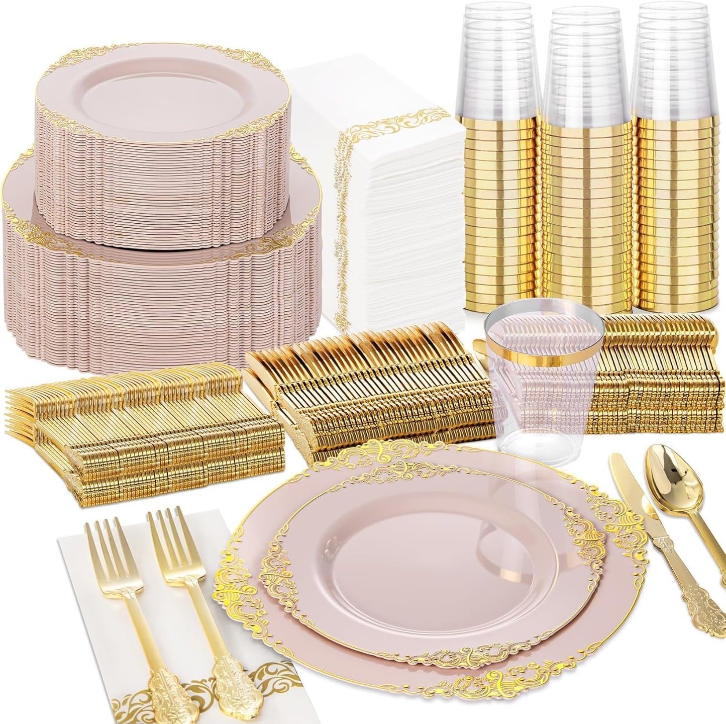 Nervure 350Pcs Gold Plastic Plates, Disposable Dinnerware Set for 50 Guests | 100 White Disposable Plates, 50 Pre Rolled Silverware Set, 50 10oz Cups, Perfect for Wedding, Party, Back to School, BPA-free