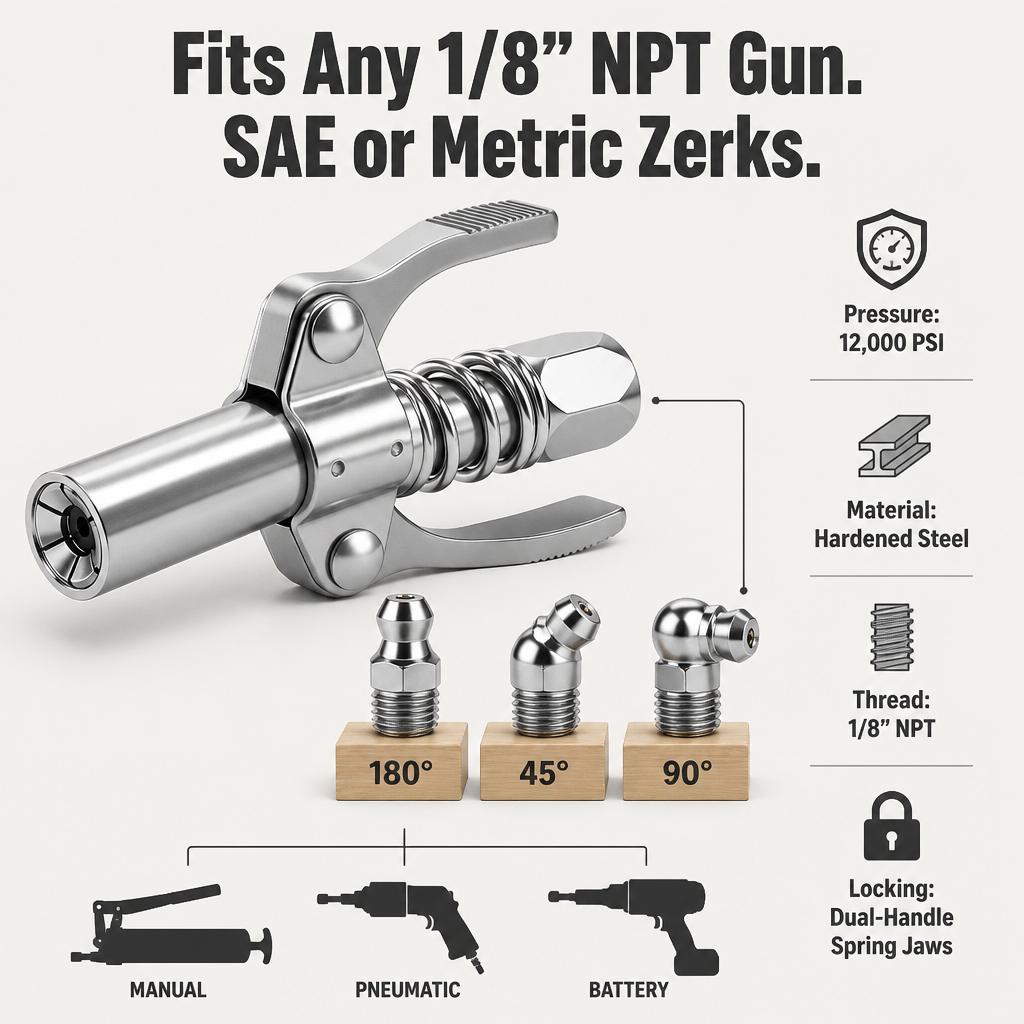 IronGrip™ — Lock On the Zerk and Pump Grease Hands-Free
