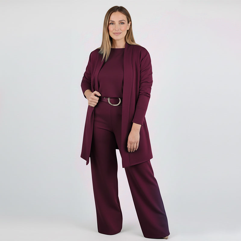GlideFlex™ – Elegant Three-Piece Knit Set with Longline Cardigan