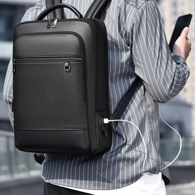 Black Leather Backpack with USB Charging Port for 15.6-Inch Laptop