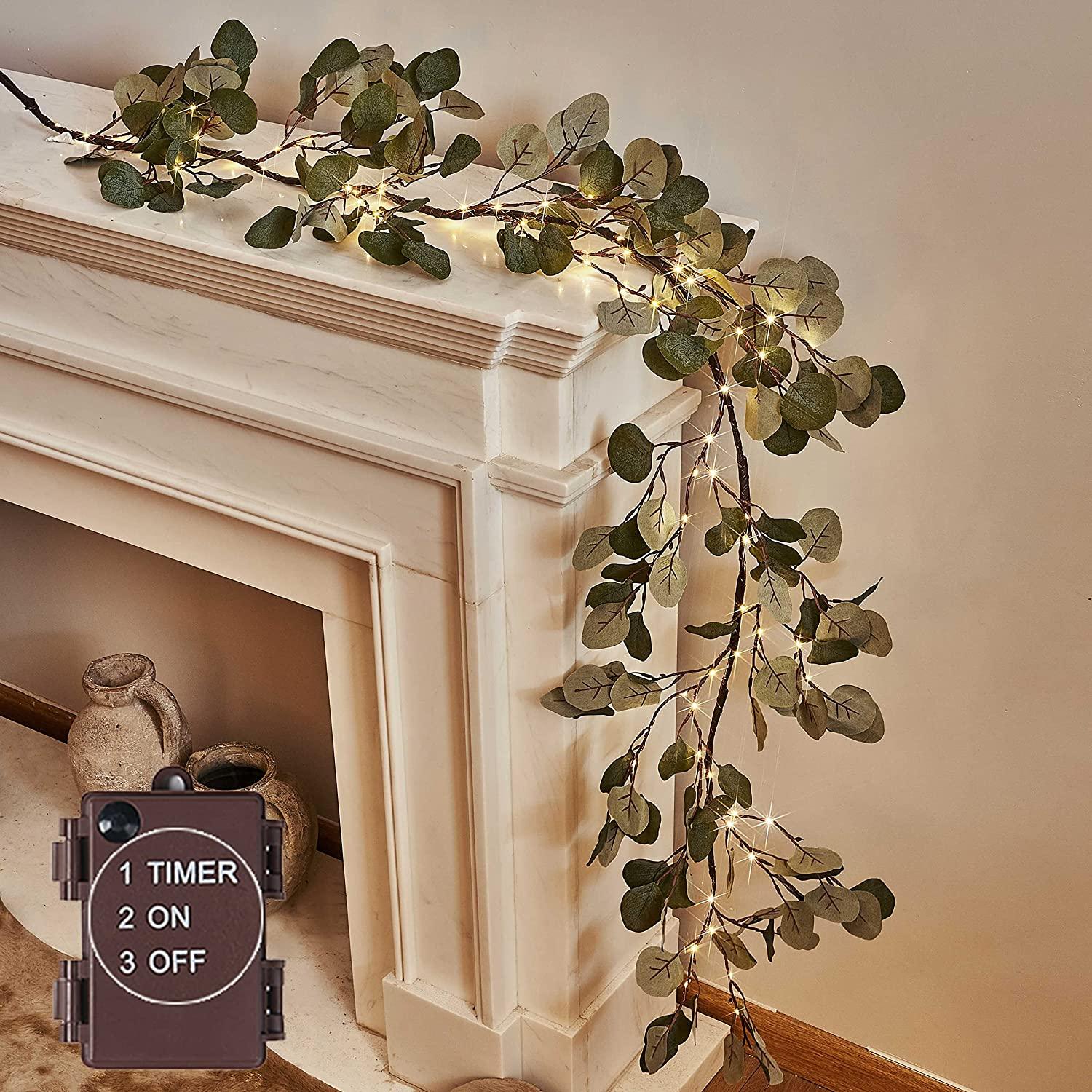 1 Pack Lighted Artificial Eucalyptus Garland 6FT 96 LED Battery Operated Faux Vine Lights with Timer for Wedding Backdrop - Lasercutwraps Shop