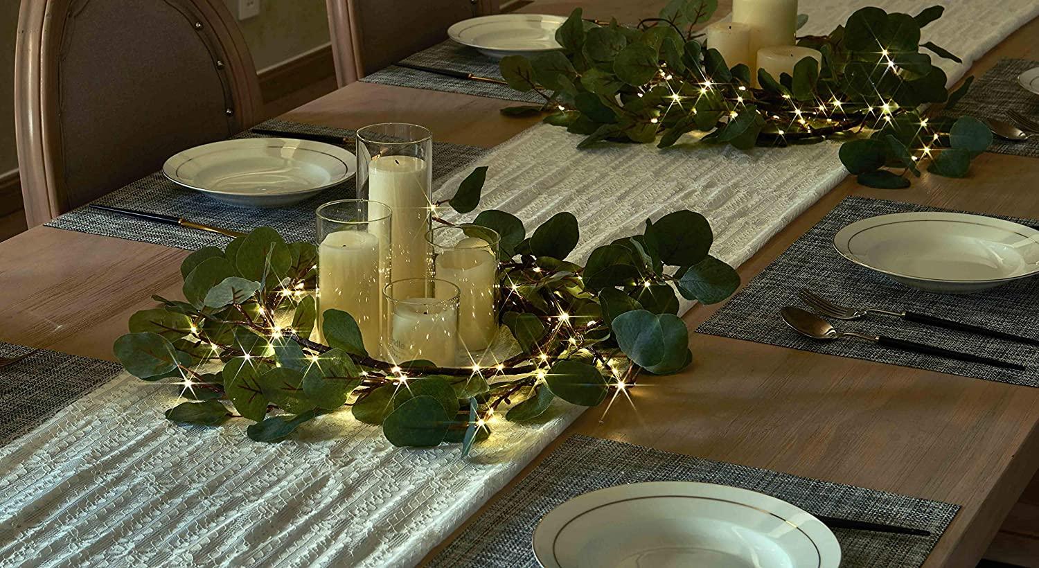 1 Pack Lighted Artificial Eucalyptus Garland 6FT 96 LED Battery Operated Faux Vine Lights with Timer for Wedding Backdrop - Lasercutwraps Shop