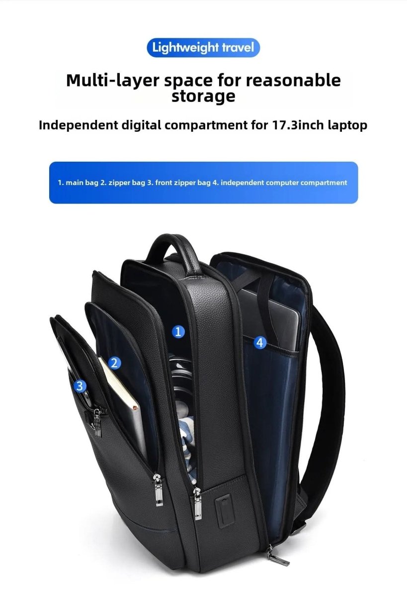 Black Leather Backpack with USB Charging Port for 15.6-Inch Laptop